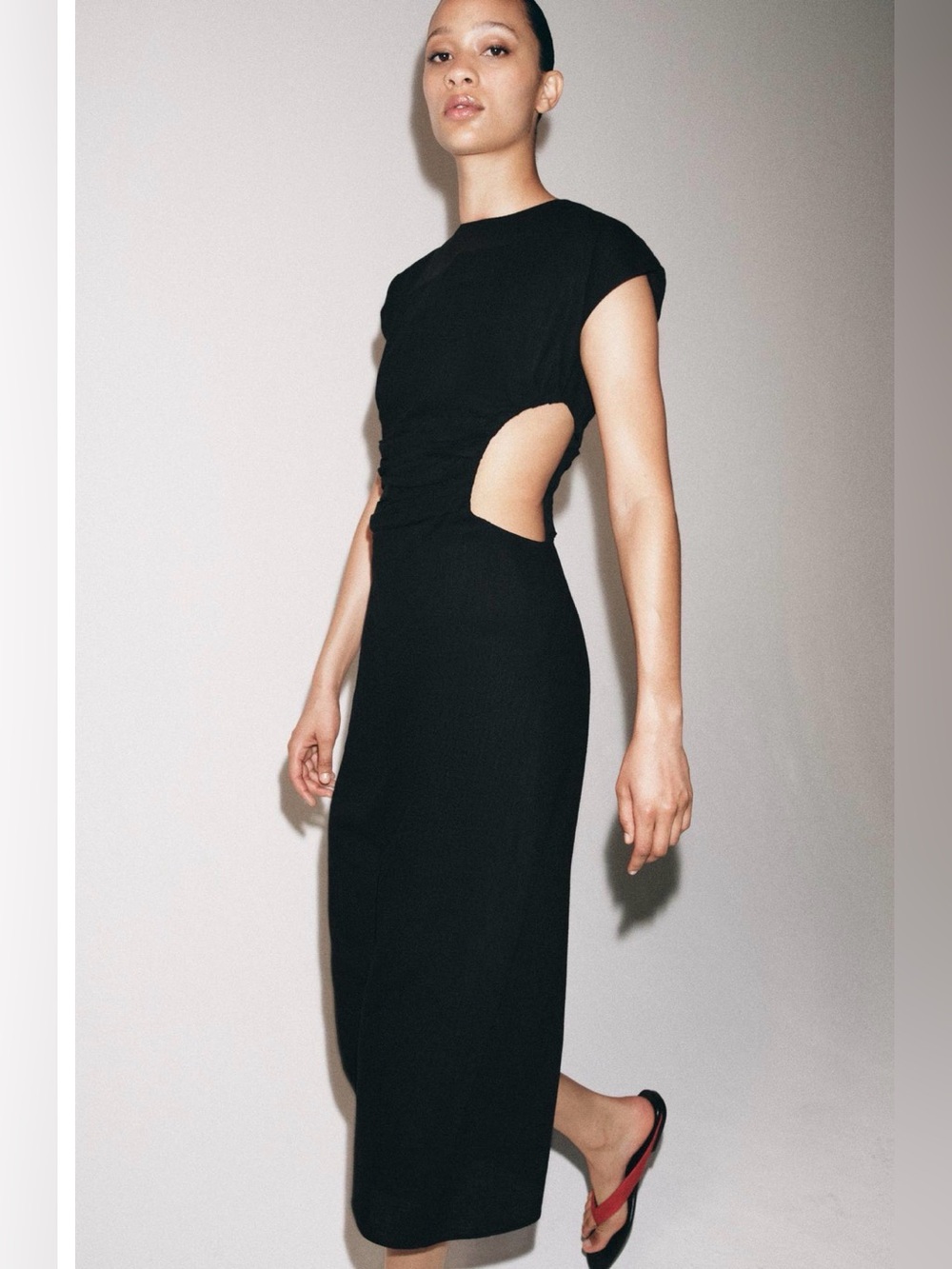 NWT Zara Black Side-Cut Midi Dress Viscose/Linen Medium $79